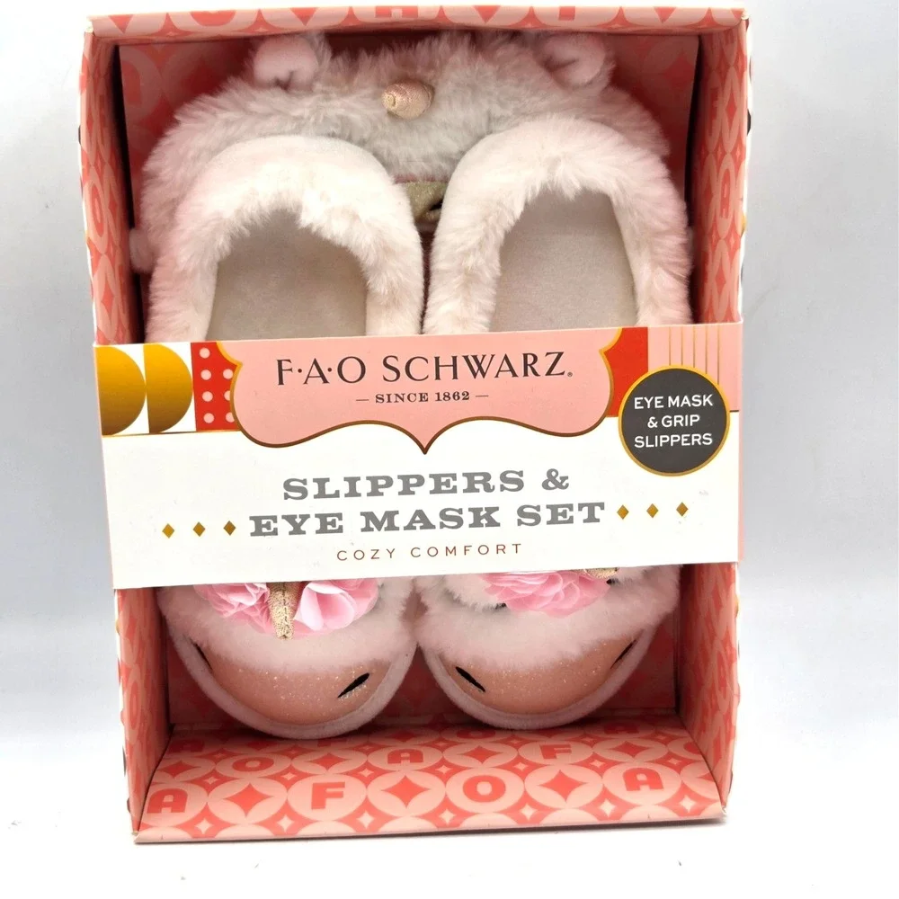 F•A•O SCHWARZ UNICORN DREAMS COZY COMFORT SET‎ SLIPPERS EYE MASK
